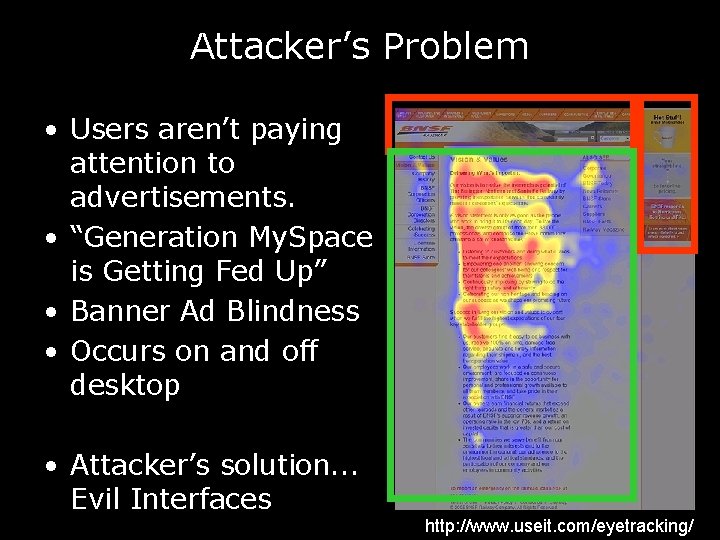 Attacker’s Problem • Users aren’t paying attention to advertisements. • “Generation My. Space is