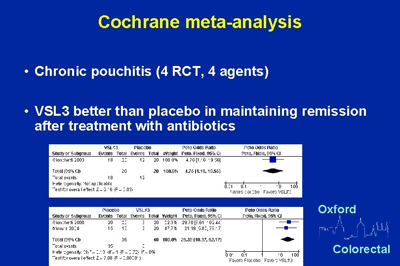 Cochrane meta-analysis • Chronic pouchitis (4 RCT, 4 agents) • VSL 3 better than