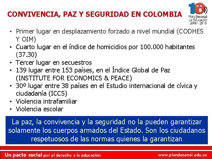 CONVIVENCIA, PAZ Y SEGURIDAD EN COLOMBIA • Primer lugar en desplazamiento forzado a nivel