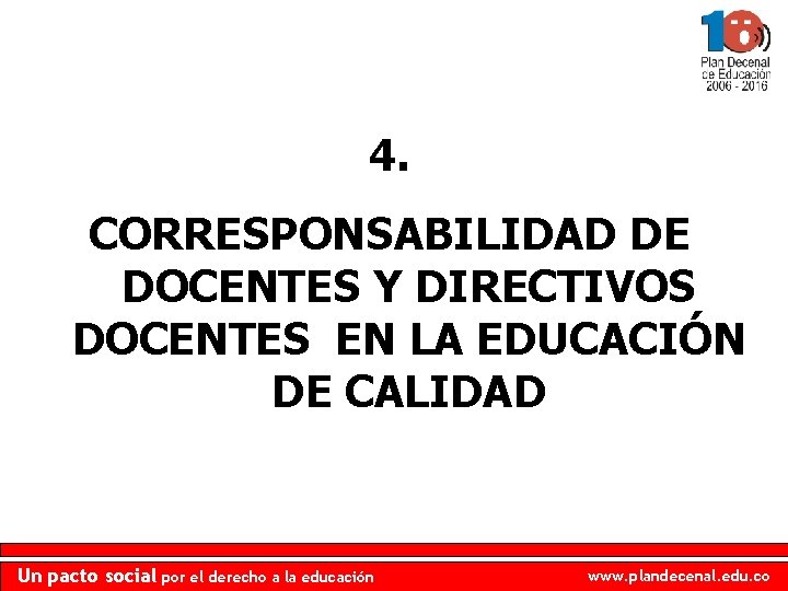4. CORRESPONSABILIDAD DE DOCENTES Y DIRECTIVOS DOCENTES EN LA EDUCACIÓN DE CALIDAD Un pacto