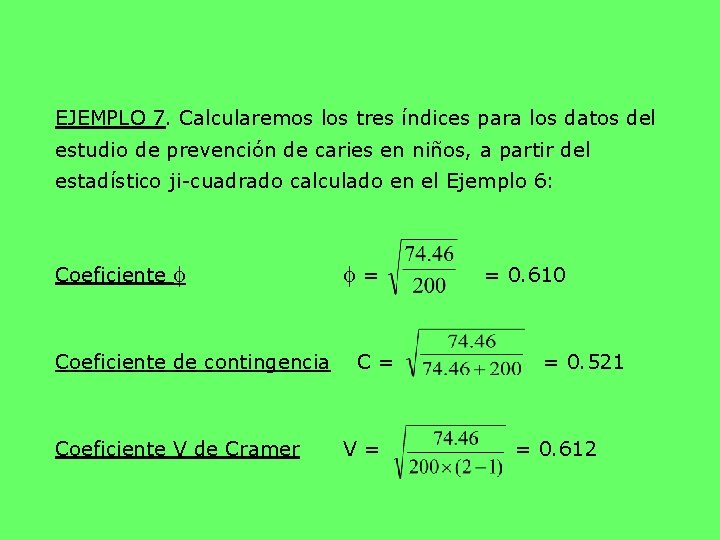 EJEMPLO 7. Calcularemos los tres índices para los datos del estudio de prevención de