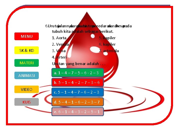 MENU SK & KD MATERI ANIMASI 6. Urutan jalannya darah pada sistem peredaran darah