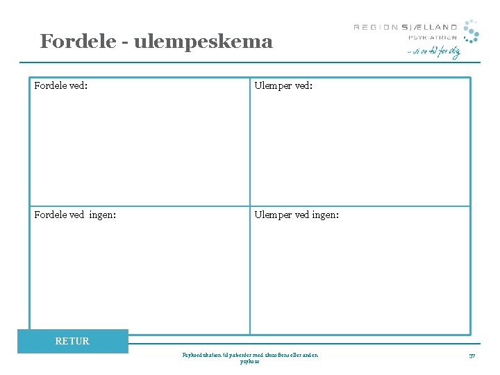 Fordele - ulempeskema Fordele ved: Ulemper ved: Fordele ved ingen: Ulemper ved ingen: RETUR