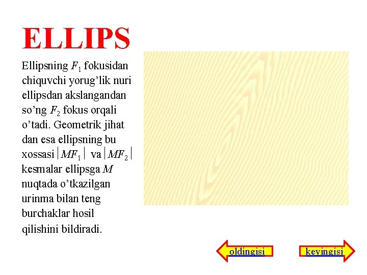 ELLIPS Ellipsning F 1 fokusidan chiquvchi yorug’lik nuri ellipsdan akslangandan so’ng F 2 fokus