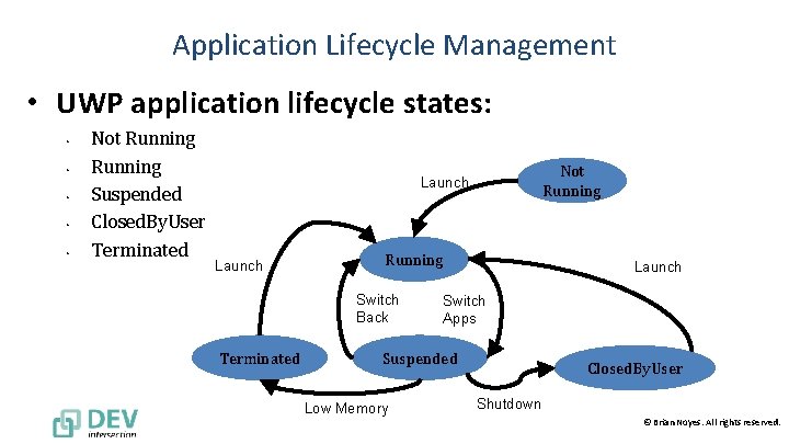 Application Lifecycle Management • UWP application lifecycle states: • • • Not Running Suspended