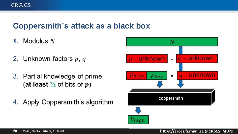 Coppersmith’s attack as a black box • * * coppersmith 28 WAC, Santa Barbara,