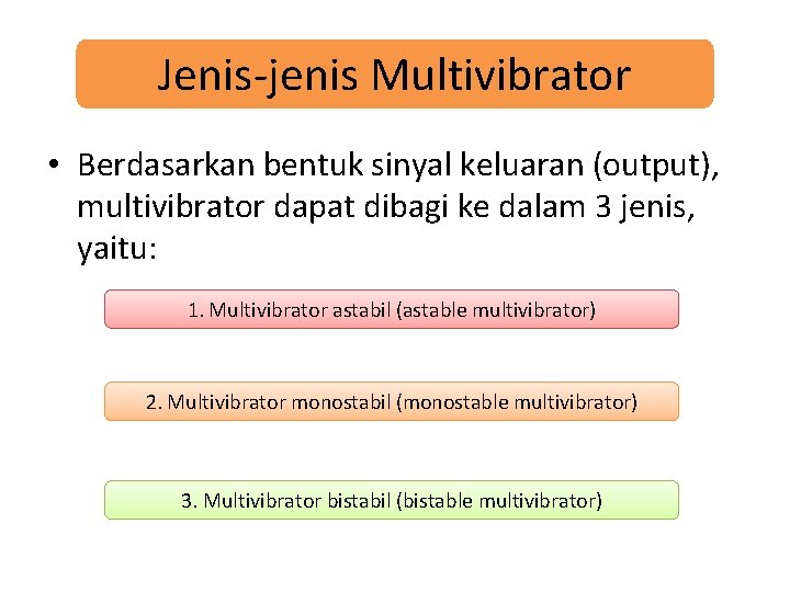Jenis-jenis Multivibrator • Berdasarkan bentuk sinyal keluaran (output), multivibrator dapat dibagi ke dalam 3