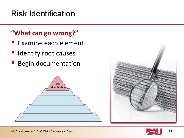 Risk Identification “What can go wrong? ” § Examine each element § Identify root