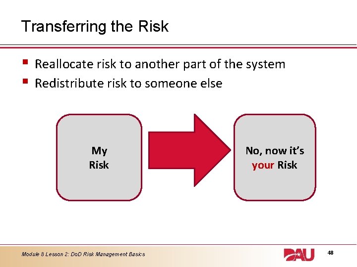 Transferring the Risk § § Reallocate risk to another part of the system Redistribute