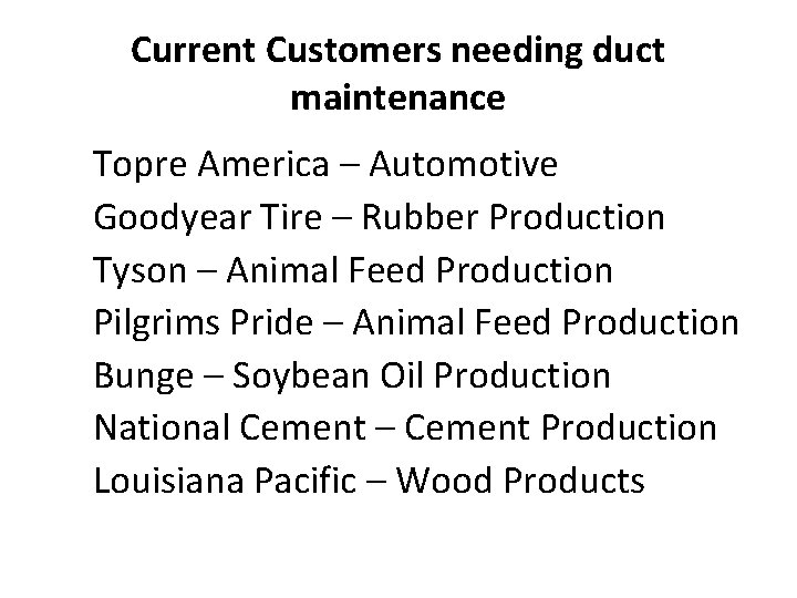 Current Customers needing duct maintenance Topre America – Automotive Goodyear Tire – Rubber Production