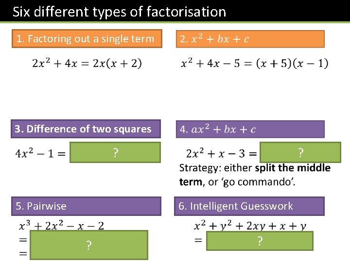 Six different types of factorisation 1. Factoring out a single term 3. Difference of