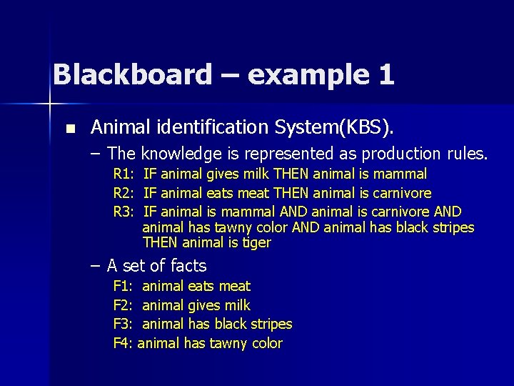 Blackboard – example 1 n Animal identification System(KBS). – The knowledge is represented as Blackboard – example 1 n Animal identification System(KBS). – The knowledge is represented as