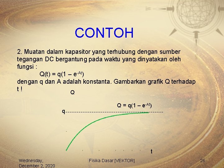 CONTOH 2. Muatan dalam kapasitor yang terhubung dengan sumber tegangan DC bergantung pada waktu
