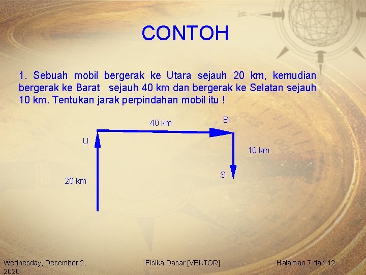 CONTOH 1. Sebuah mobil bergerak ke Utara sejauh 20 km, kemudian bergerak ke Barat