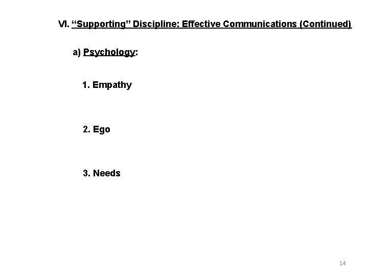 VI. “Supporting” Discipline: Effective Communications (Continued) a) Psychology: 1. Empathy 2. Ego 3. Needs