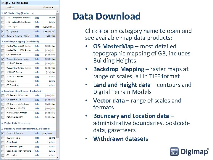 Data Download Click + or on category name to open and see available map