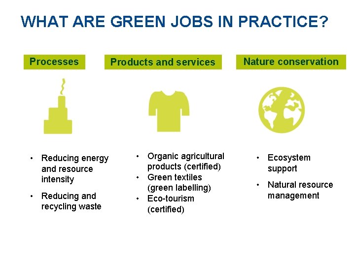 WHAT ARE GREEN JOBS IN PRACTICE? Processes • Reducing energy and resource intensity •