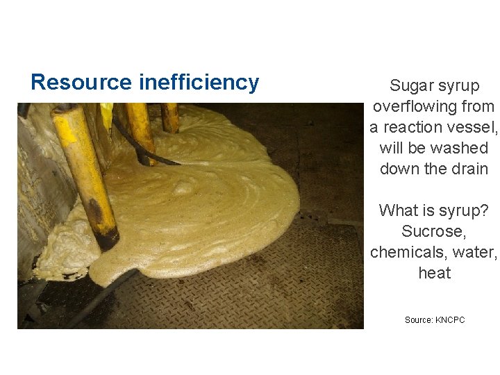 Resource inefficiency Sugar syrup overflowing from a reaction vessel, will be washed down the