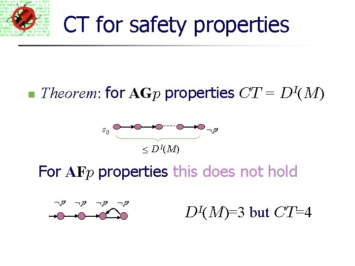 CT for safety properties Theorem: for AGp properties CT = DI(M) p s 0