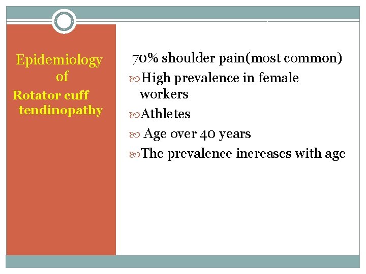 Epidemiology of Rotator cuff tendinopathy 70% shoulder pain(most common) High prevalence in female workers
