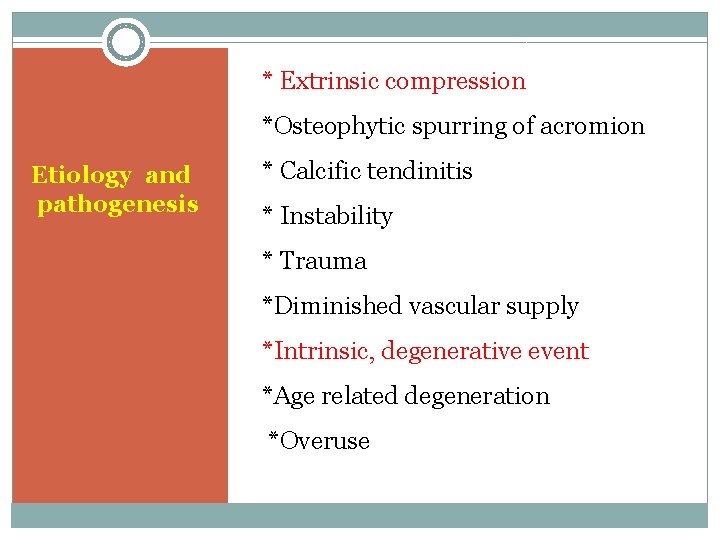 * Extrinsic compression *Osteophytic spurring of acromion Etiology and pathogenesis * Calcific tendinitis *