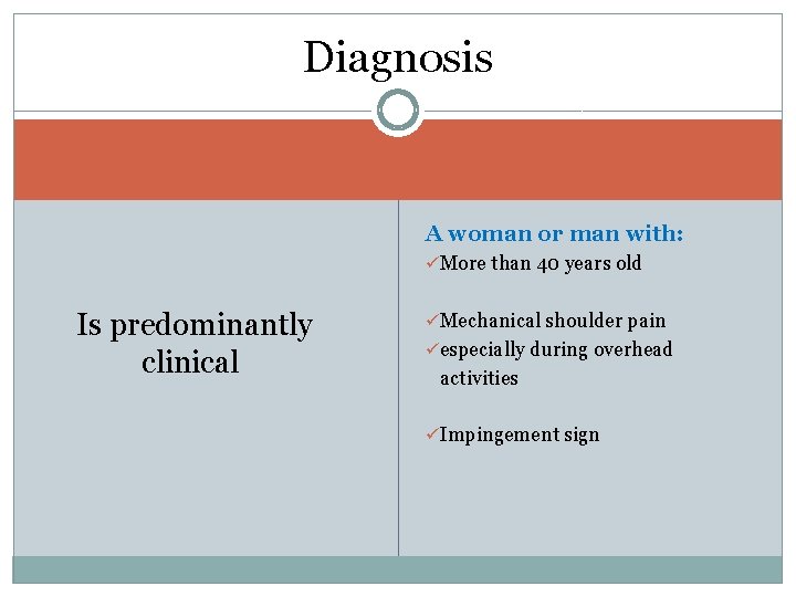 Diagnosis A woman or man with: üMore than 40 years old Is predominantly clinical