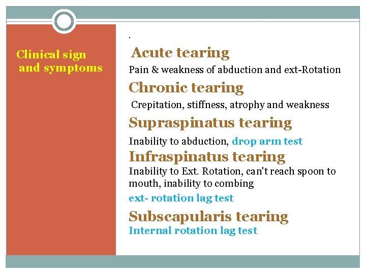 . Clinical sign and symptoms Acute tearing Pain & weakness of abduction and ext-Rotation