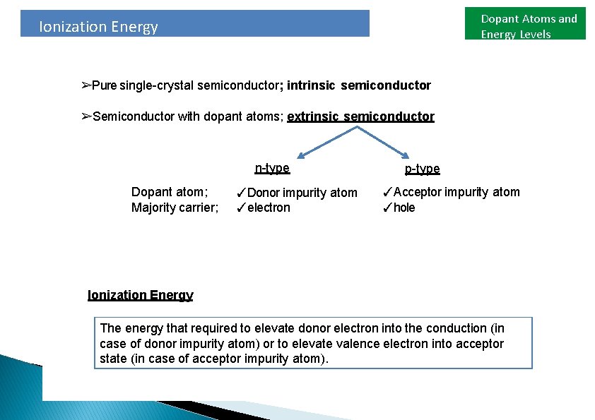 Dopant Atoms and Energy Levels Ionization Energy ➢Pure single-crystal semiconductor; intrinsic semiconductor ➢Semiconductor with
