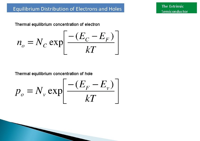 Equilibrium Distribution of Electrons and Holes Thermal equilibrium concentration of electron Thermal equilibrium concentration