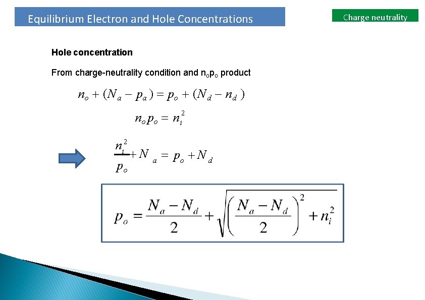 Equilibrium Electron and Hole Concentrations Hole concentration From charge-neutrality condition and nopo product no