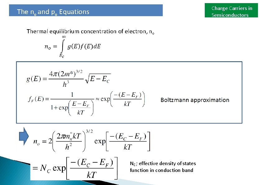 Charge Carriers in Semiconductors The no and po Equations Thermal equilibrium concentration of electron,