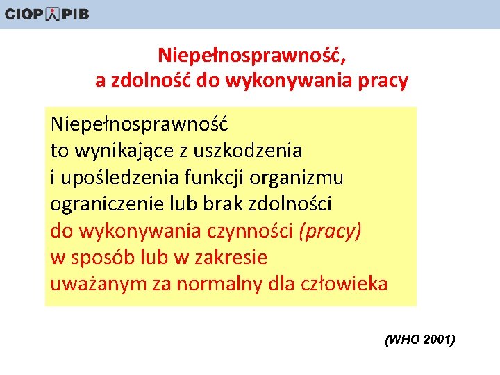 Niepełnosprawność, a zdolność do wykonywania pracy Niepełnosprawność to wynikające z uszkodzenia i upośledzenia funkcji