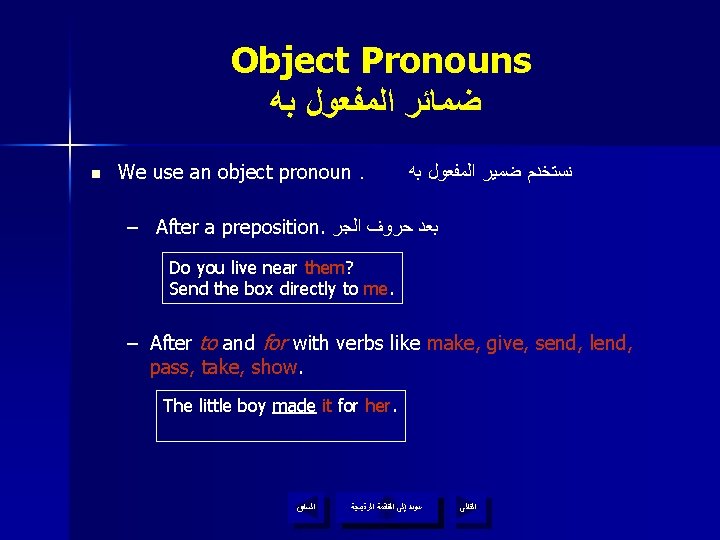 Object Pronouns ﺿﻤﺎﺋﺮ ﺍﻟﻤﻔﻌﻮﻝ ﺑﻪ n We use an object pronoun. ﻧﺴﺘﺨﺪﻡ ﺿﻤﻴﺮ ﺍﻟﻤﻔﻌﻮﻝ