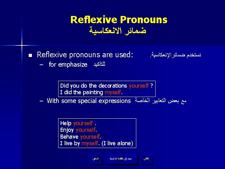 Reflexive Pronouns ﺿﻤﺎﺋﺮ ﺍﻻﻧﻌﻜﺎﺳﻴﺔ n Reflexive pronouns are used: . ﻧﺴﺘﺨﺪﻡ ﺿﻤﺎﺋﺮﺍﻹﻧﻌﻜﺎﺳﻴﺔ – for