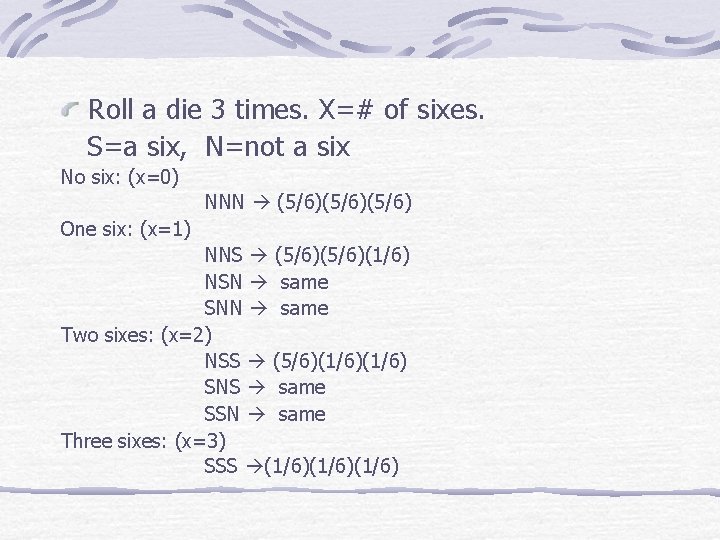 Roll a die 3 times. X=# of sixes. S=a six, N=not a six No