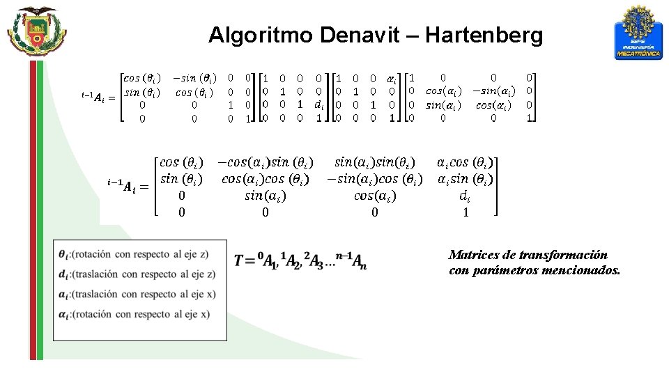 Algoritmo Denavit – Hartenberg Matrices de transformación con parámetros mencionados. 