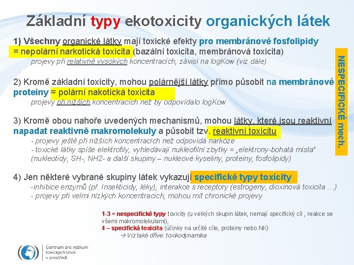 Základní typy ekotoxicity organických látek projevy při relativně vysokých koncentracích, závisí na log. Kow