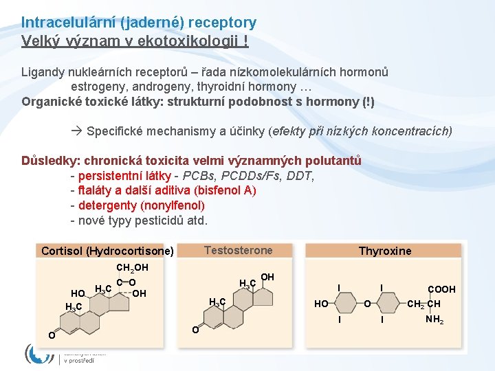 Intracelulární (jaderné) receptory Velký význam v ekotoxikologii ! Ligandy nukleárních receptorů – řada nízkomolekulárních