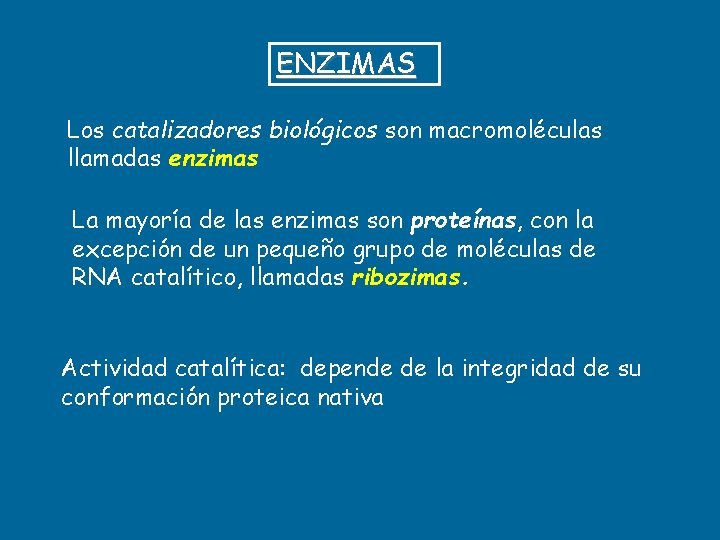 ENZIMAS Los catalizadores biológicos son macromoléculas llamadas enzimas La mayoría de las enzimas son