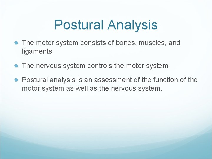 Postural Analysis ● The motor system consists of bones, muscles, and ligaments. ● The