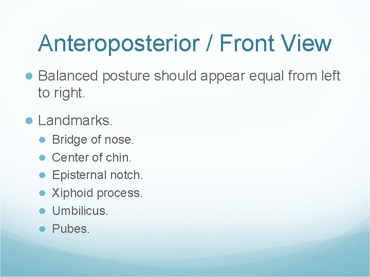 Anteroposterior / Front View ● Balanced posture should appear equal from left to right. Anteroposterior / Front View ● Balanced posture should appear equal from left to right.