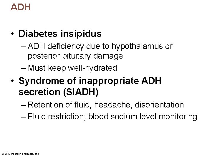 ADH • Diabetes insipidus – ADH deficiency due to hypothalamus or posterior pituitary damage