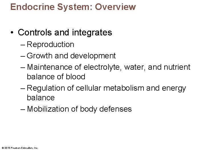 Endocrine System: Overview • Controls and integrates – Reproduction – Growth and development –