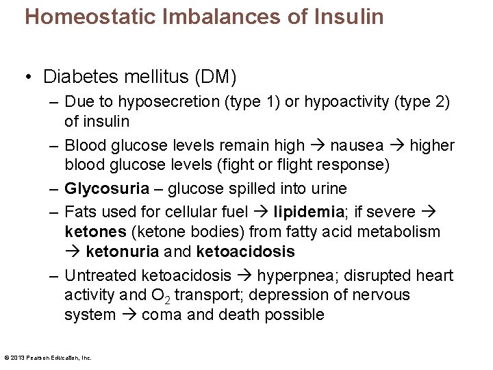 Homeostatic Imbalances of Insulin • Diabetes mellitus (DM) – Due to hyposecretion (type 1)