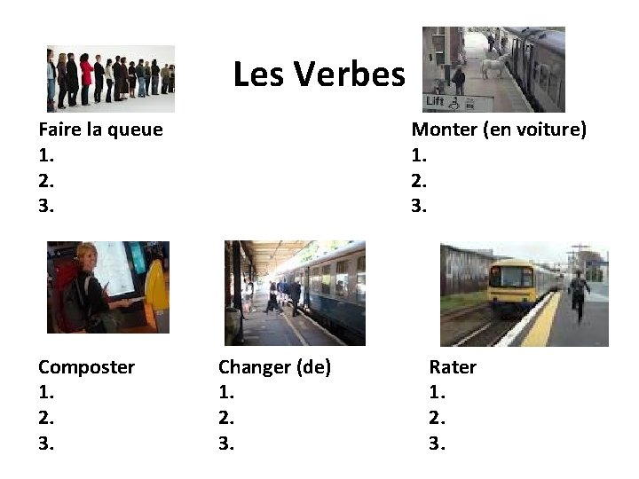 Les Verbes Faire la queue 1. 2. 3. Composter 1. 2. 3. Monter (en