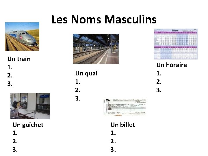 Les Noms Masculins Un train 1. 2. 3. Un guichet 1. 2. 3. Un