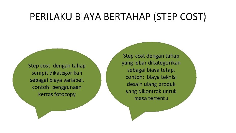 PERILAKU BIAYA BERTAHAP (STEP COST) Step cost dengan tahap sempit dikategorikan sebagai biaya variabel,