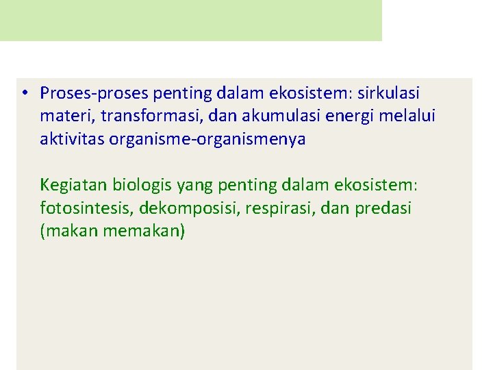  • Proses-proses penting dalam ekosistem: sirkulasi materi, transformasi, dan akumulasi energi melalui aktivitas