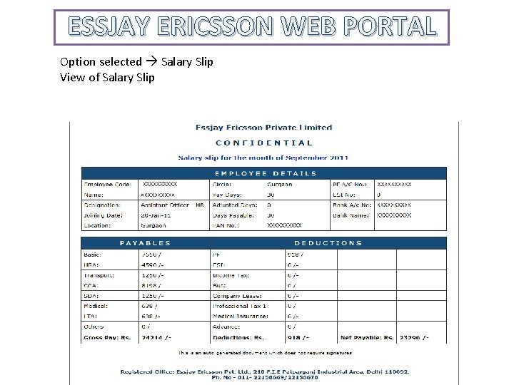 ESSJAY ERICSSON WEB PORTAL Option selected Salary Slip View of Salary Slip 