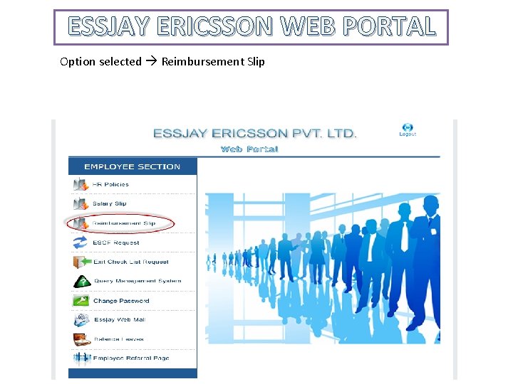 ESSJAY ERICSSON WEB PORTAL Option selected Reimbursement Slip 